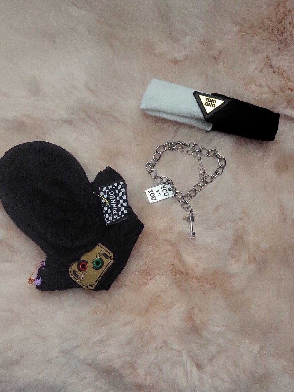 Miu Miu Black and White Hair Clip Set with Silver Charm Bracelet